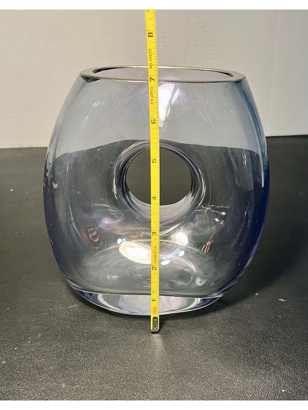 Pasabahce Turkey 2000s Doughnut O Vase Handblown Art Glass Clear, 4.5x7”